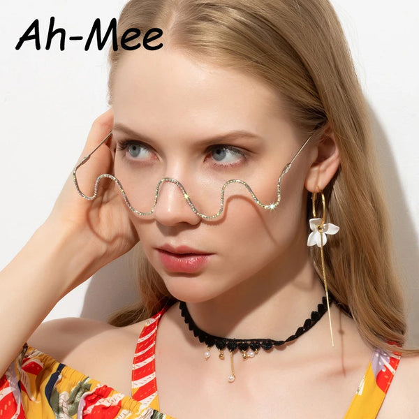 Luxury Diamond Sunglasses Frames Women Alloy Sun Glasses Brand Rhinestone Eyeglasses Wave Half Frame Eyewear For Decoration