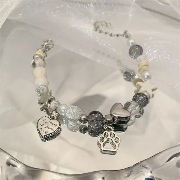 Heart Pendant Bracelet Star Cat Paw Bone Bracelet for Women Beaded Hand Jewelry Gift Charm Romantic Exquisite Daily Versatile