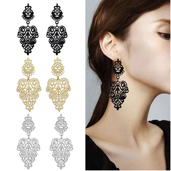 Bohemian Black Carved Flower Drop Earrings For Women Earing Jewelry Gold Red Silver Color Women's Leaf Earrings 2026 New Trendy